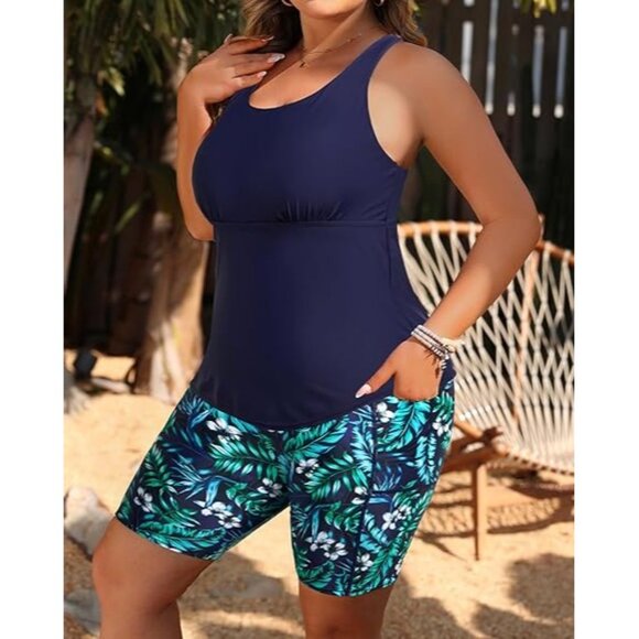 Aqua Eve Plus Size 24W Two-Piece Swimsuit High-Waisted Long Boy Shorts Pockets - Picture 2 of 11